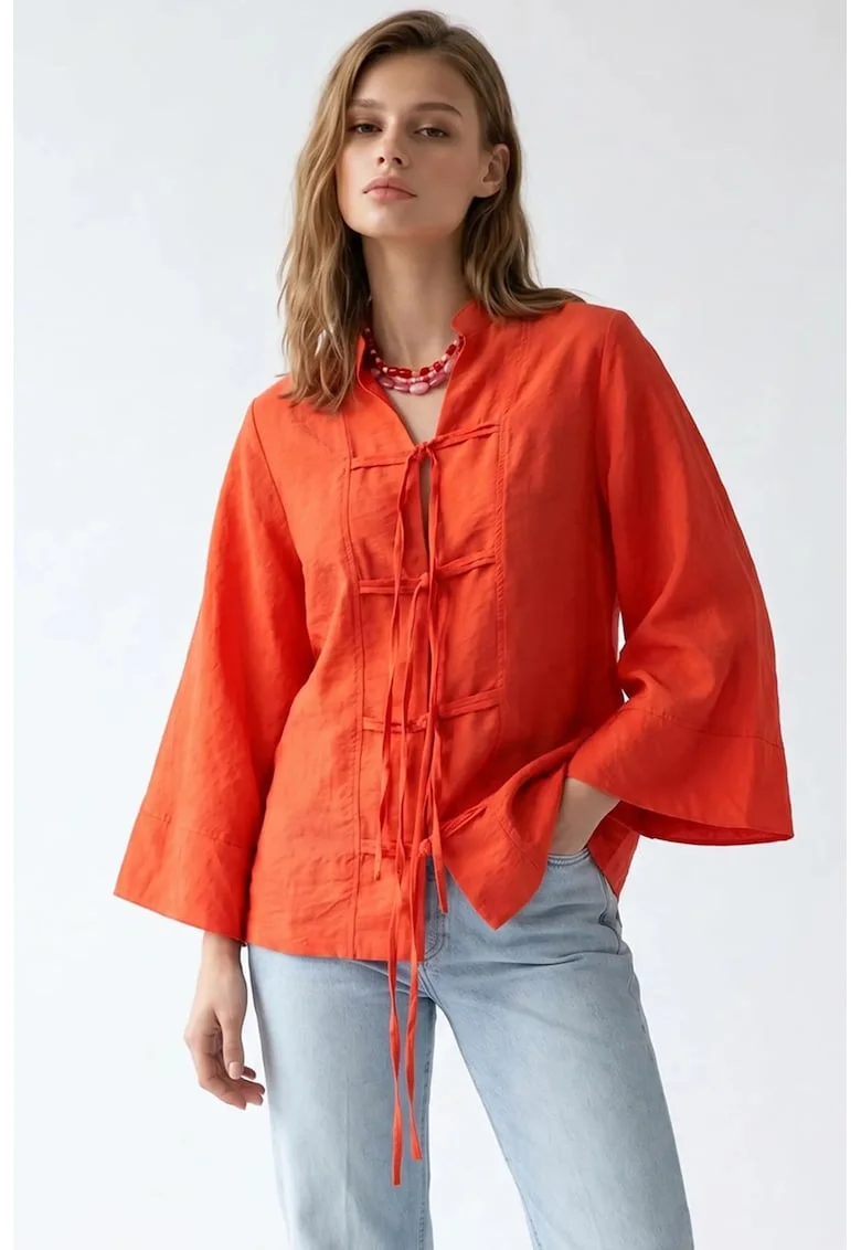 Bluza dama,  bluza din bumbac, maneca lunga, portocaliu stralucitor, detalii cu snur