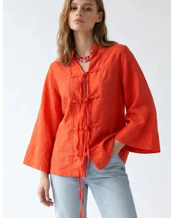 Bluza dama,  bluza din bumbac, maneca lunga, portocaliu stralucitor, detalii cu snur