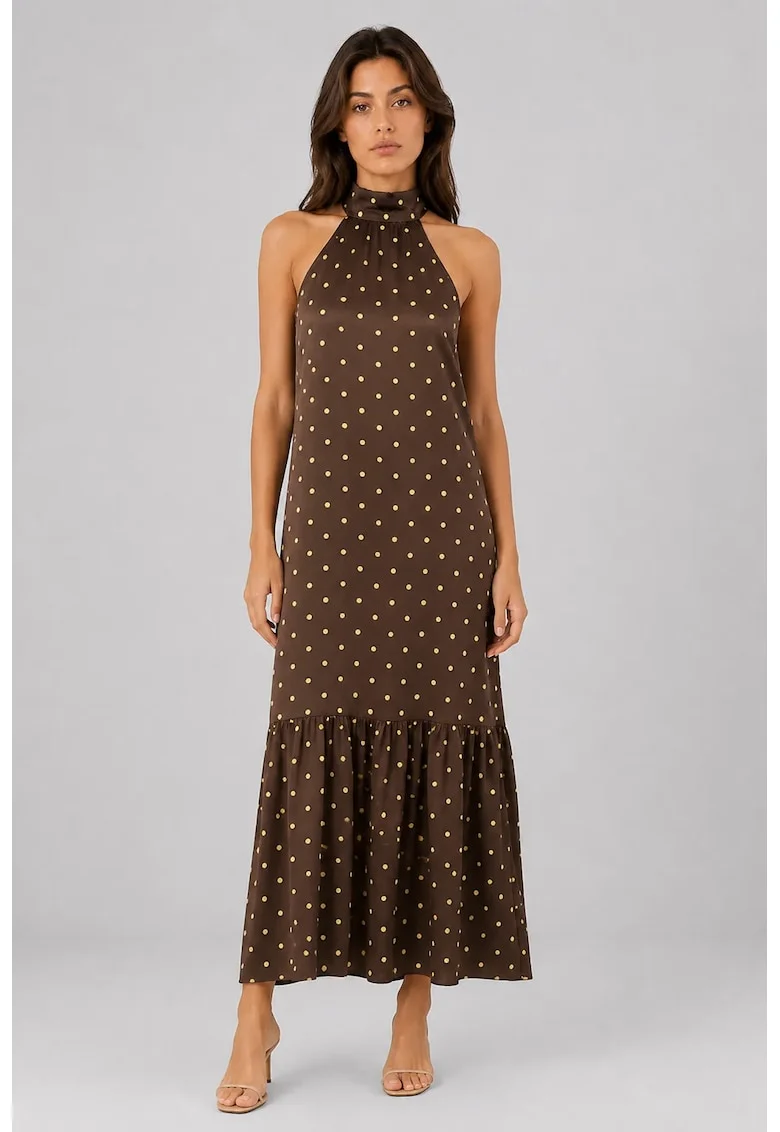 Rochie maxi,  buline, fara maneci, culoare maro cafea, 100% lyocell