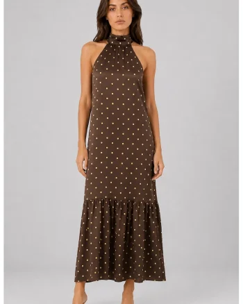 Rochie maxi,  buline, fara maneci, culoare maro cafea, 100% lyocell