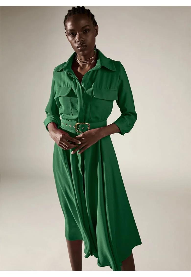 Rochie camasa midi cu fusta ampla si curea asortata Patty, Verde padure