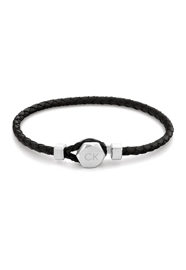 Bratara de piele cu talisman logo, Negru/Argintiu
