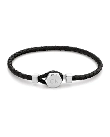 Bratara de piele cu talisman logo, Negru/Argintiu