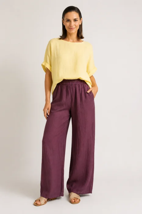 Pantaloni dama din in cu croi palazzo si talie elastica, mov pruna