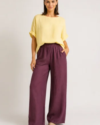 Pantaloni dama din in cu croi palazzo si talie elastica, mov pruna