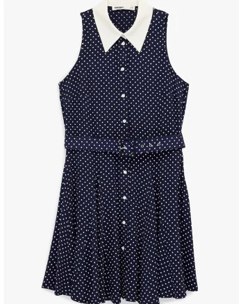 Rochie cu curea in talie, fara maneci, Alb fildes/Albastru ultramarin