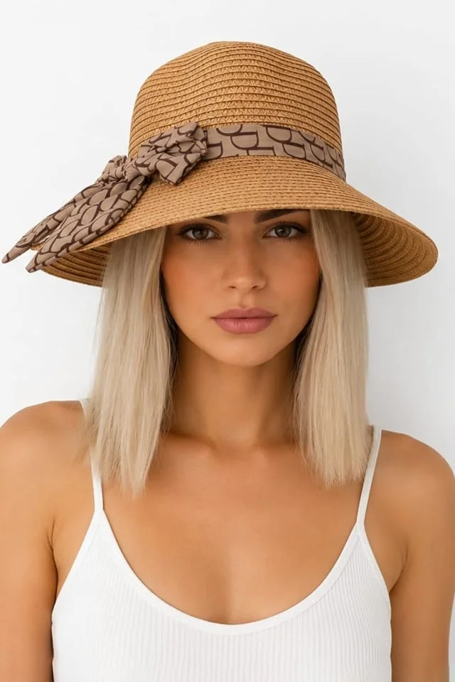 Palarie de plaja ALYNEA, cu bor mediu, conic si funda, Bej