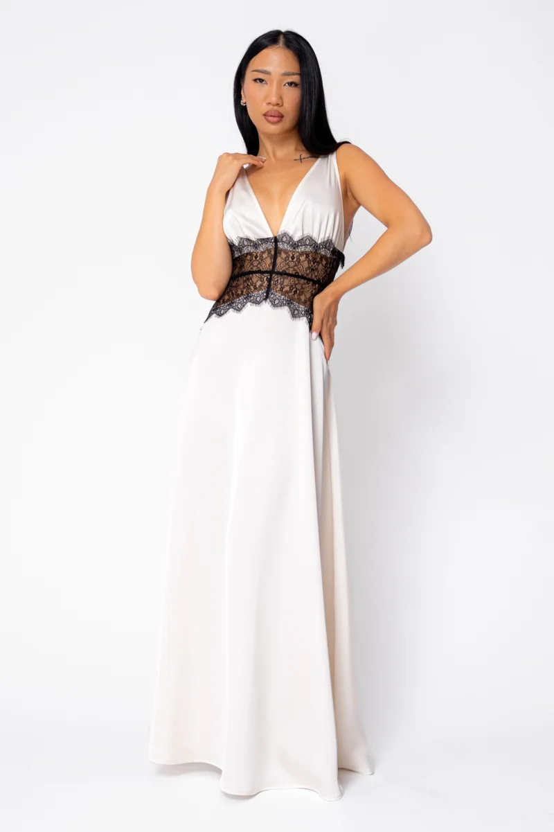 Rochie lunga cu dantela Off White Black