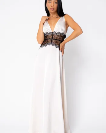 Rochie lunga cu dantela Off White Black