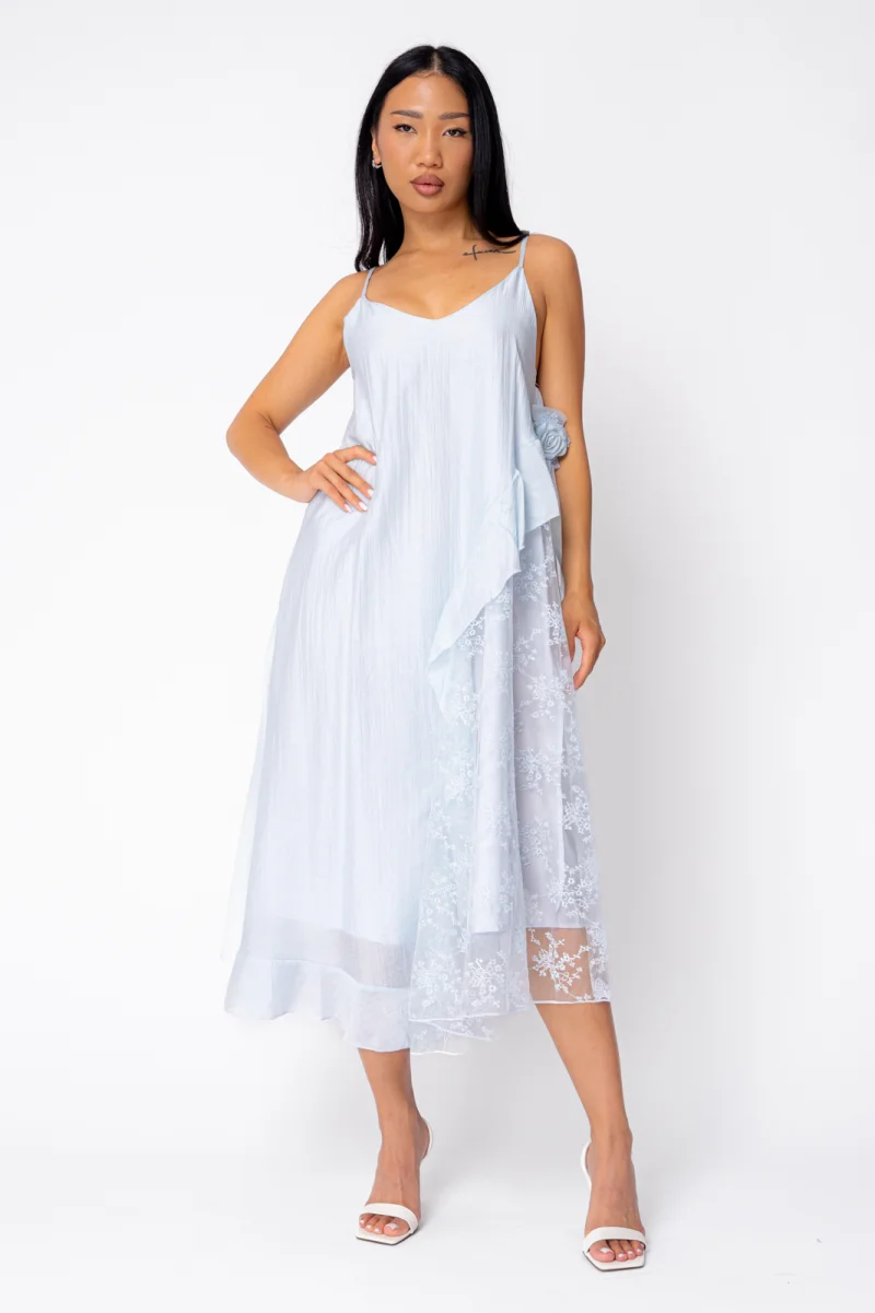 Rochie lunga cu bretele si dantela Light Blue