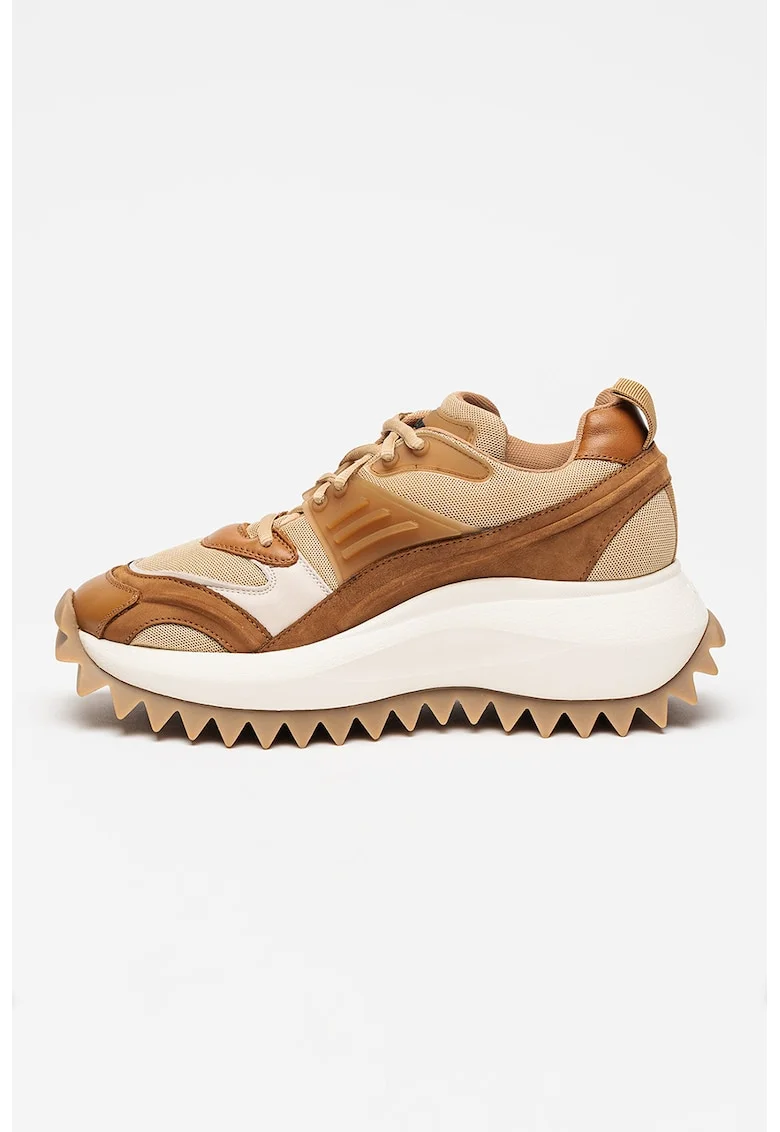 Pantofi sport din piele si material textil, Bej/Maro camel
