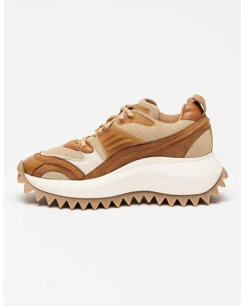 Pantofi sport din piele si material textil, Bej/Maro camel