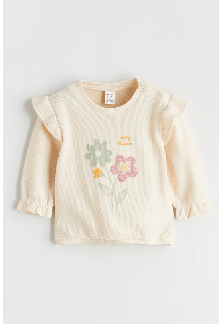 Bluza cu detaliu volan si model floral, Bej deschis
