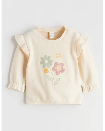Bluza cu detaliu volan si model floral, Bej deschis