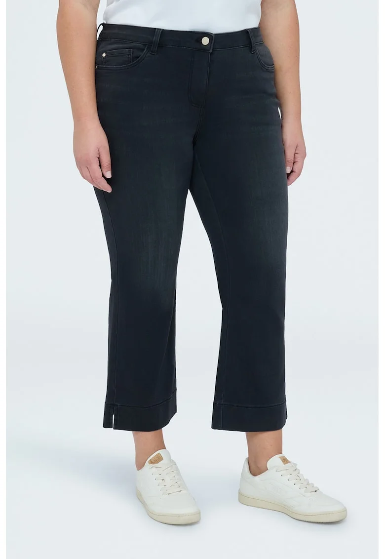 Blugi crop cu croiala bootcut si slituri laterale, Negru stins