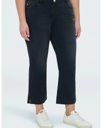 Blugi crop cu croiala bootcut si slituri laterale, Negru stins