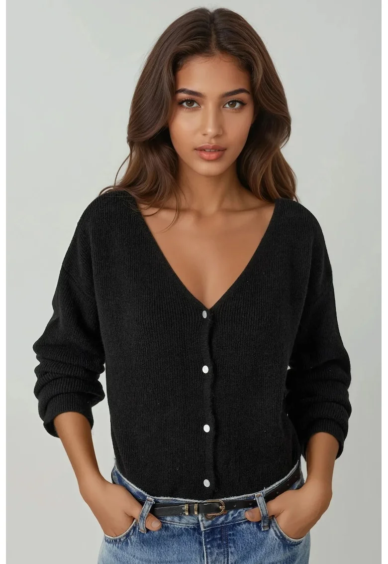 Cardigane,  Femei, Cardigan ultra-moale cu decolteu in V si nasturi, cu utilizare dubla, Negru, S, Negru