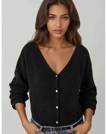 Cardigane,  Femei, Cardigan ultra-moale cu decolteu in V si nasturi, cu utilizare dubla, Negru, S, Negru