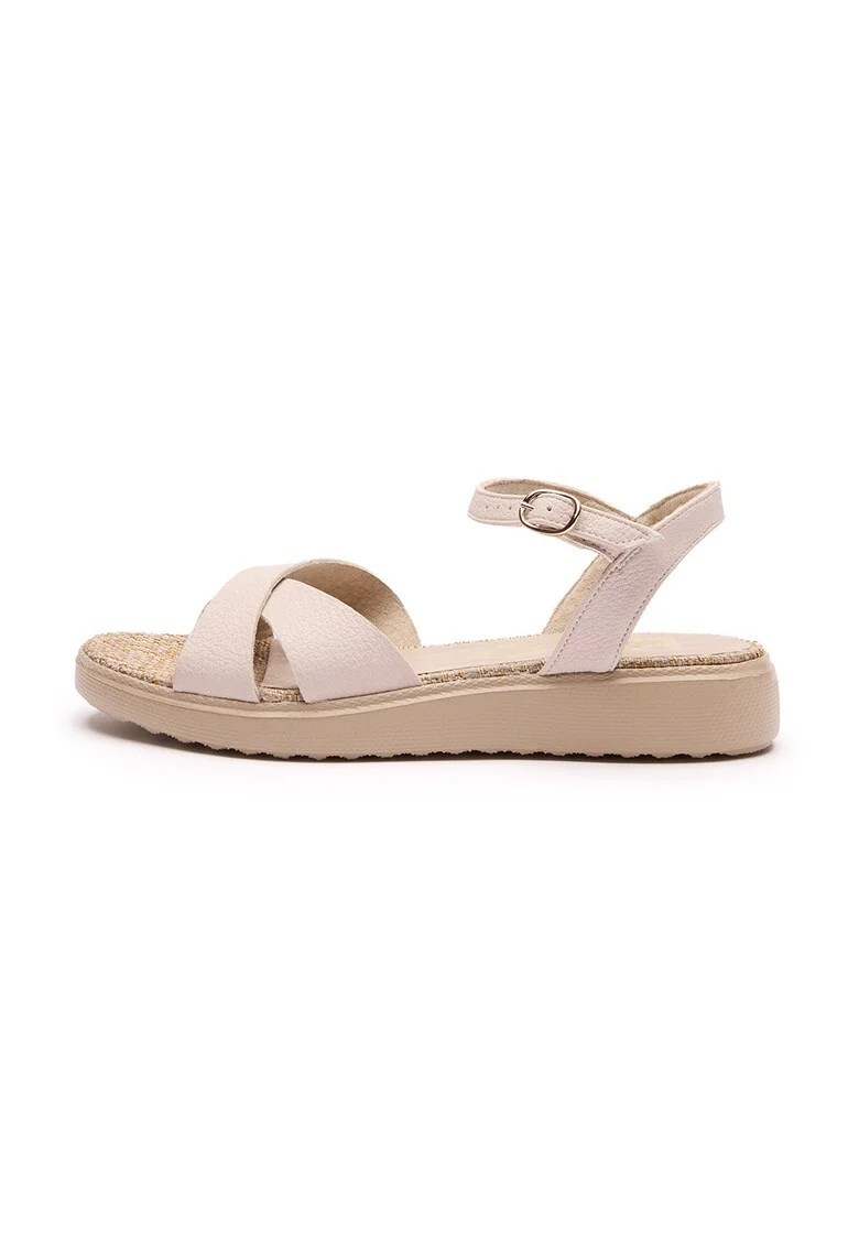 Sandale wedge de piele ecologica cu barete incrucisate, Bej