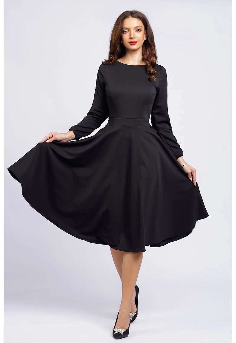 Rochie midi evazata cu decolteu barcuta, Negru