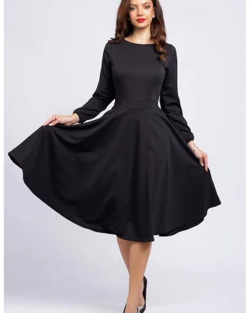 Rochie midi evazata cu decolteu barcuta, Negru