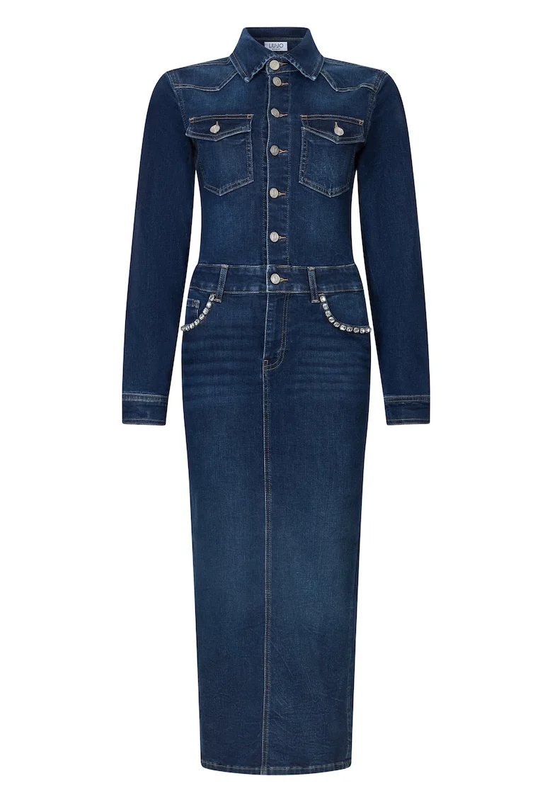 Rochie-camasa midi din denim, Albastru inchis/Albastru petrol