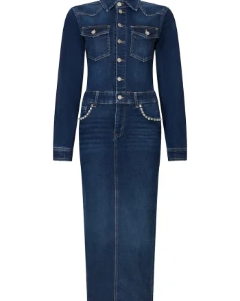 Rochie-camasa midi din denim, Albastru inchis/Albastru petrol