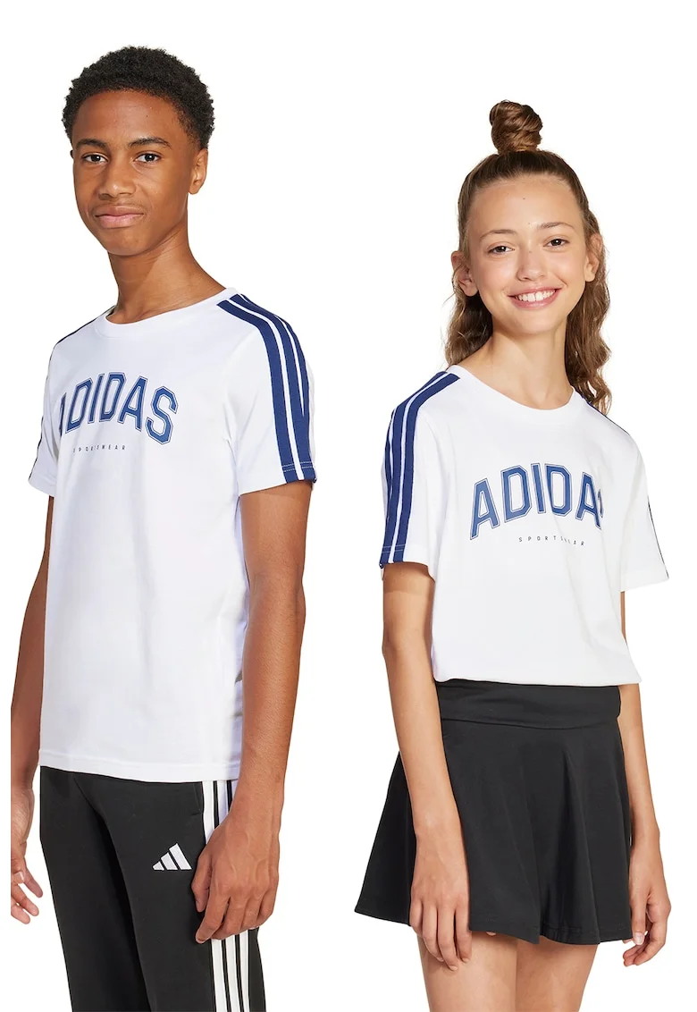 Tricou cu decolteu la baza gatului si logo, Alb/Albastru inchis