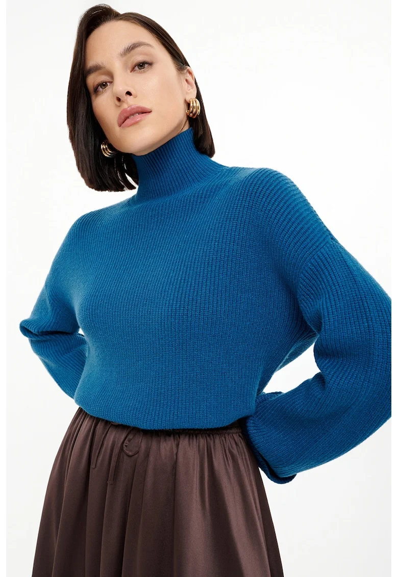 Pulover regular fit cu guler inalt, Albastru inchis