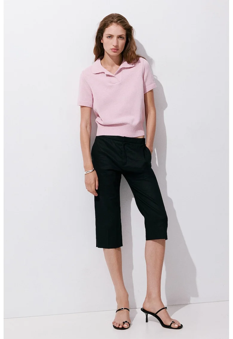 Pulover crop cu guler polo, Roz deschis
