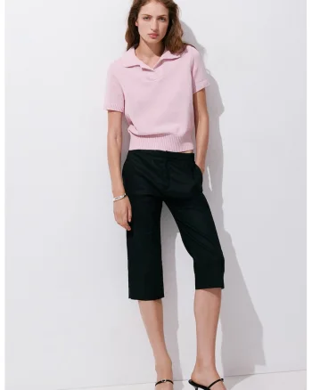 Pulover crop cu guler polo, Roz deschis