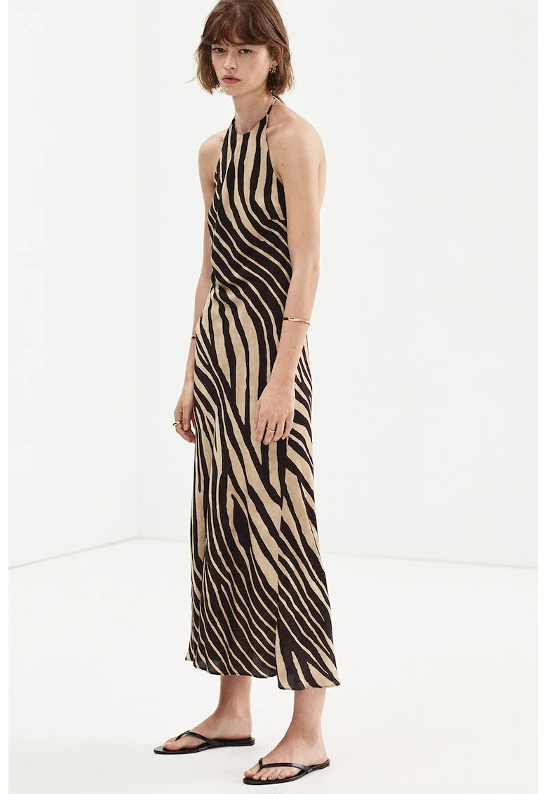Rochie halter cu animal print, Negru/Maro