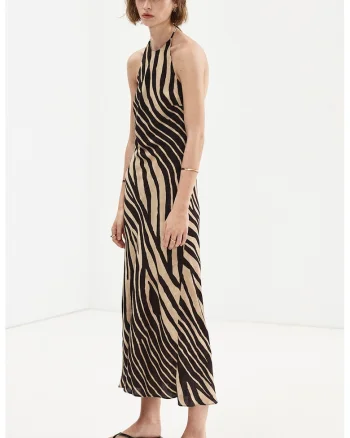 Rochie halter cu animal print, Negru/Maro