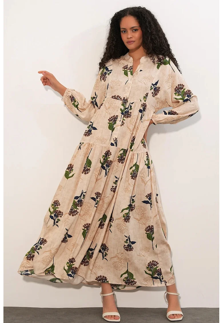 Rochie Maxi,  Etnic, Maneci lungi, Bej, Viscoza
