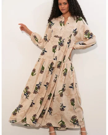 Rochie Maxi,  Etnic, Maneci lungi, Bej, Viscoza