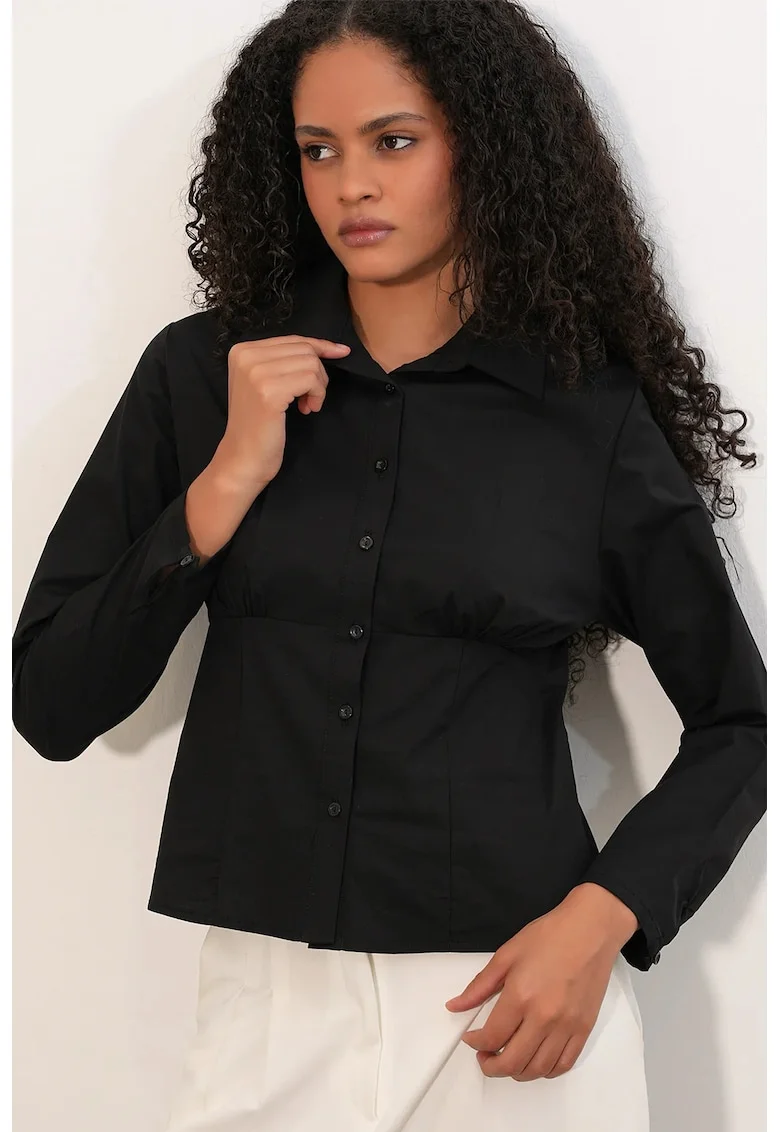 Camasa dama,  camasa scurta, casual, negru, 70% bumbac, 30% poliester