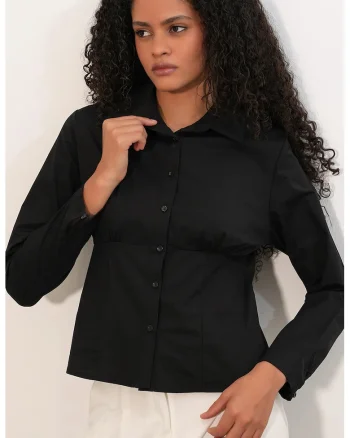 Camasa dama,  camasa scurta, casual, negru, 70% bumbac, 30% poliester