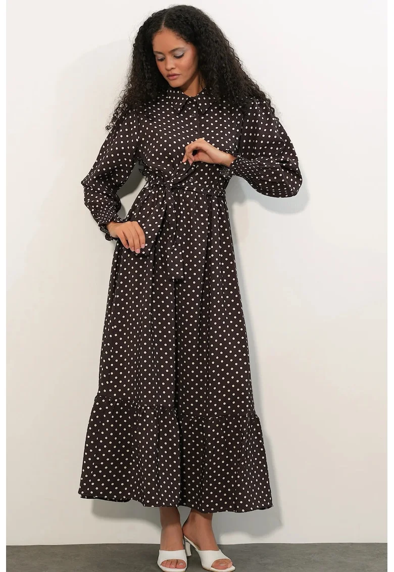 Rochie camasa midi  paisley, maro mocha, viscoza si nailon, cu cordon