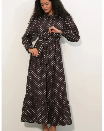Rochie camasa midi  paisley, maro mocha, viscoza si nailon, cu cordon