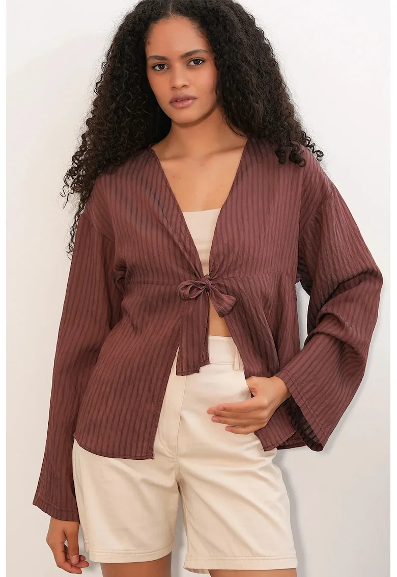 Bluza dama,  Bluza cu decolteu in V si funda, maro mocha, viscoza-nailon,