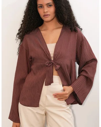 Bluza dama,  Bluza cu decolteu in V si funda, maro mocha, viscoza-nailon,