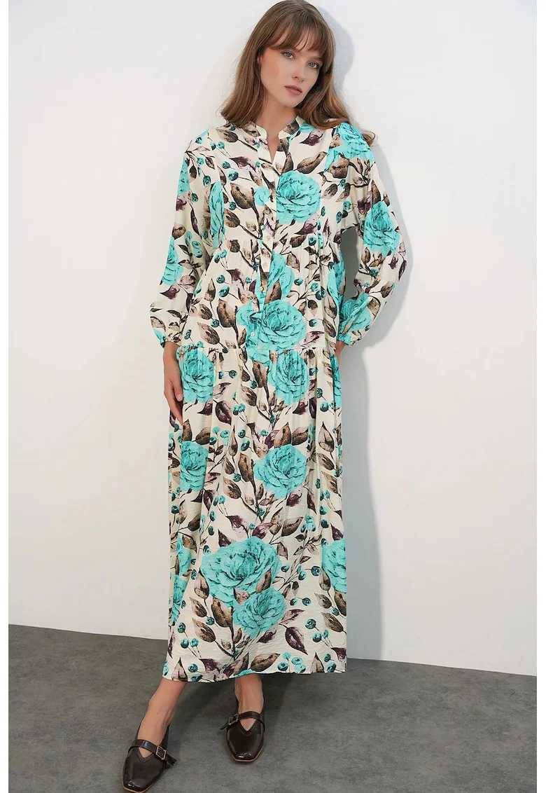 Rochie Maxi  Floral, Multicolor, Maneca lunga, Lejer
