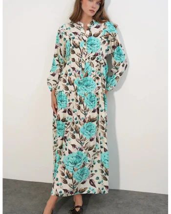 Rochie Maxi  Floral, Multicolor, Maneca lunga, Lejer