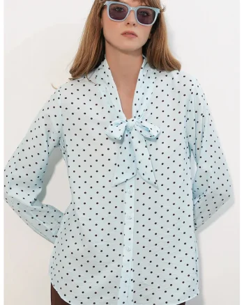 Camasa dama,  cu buline, Albastru deschis, Maneca lunga, 80% viscoza