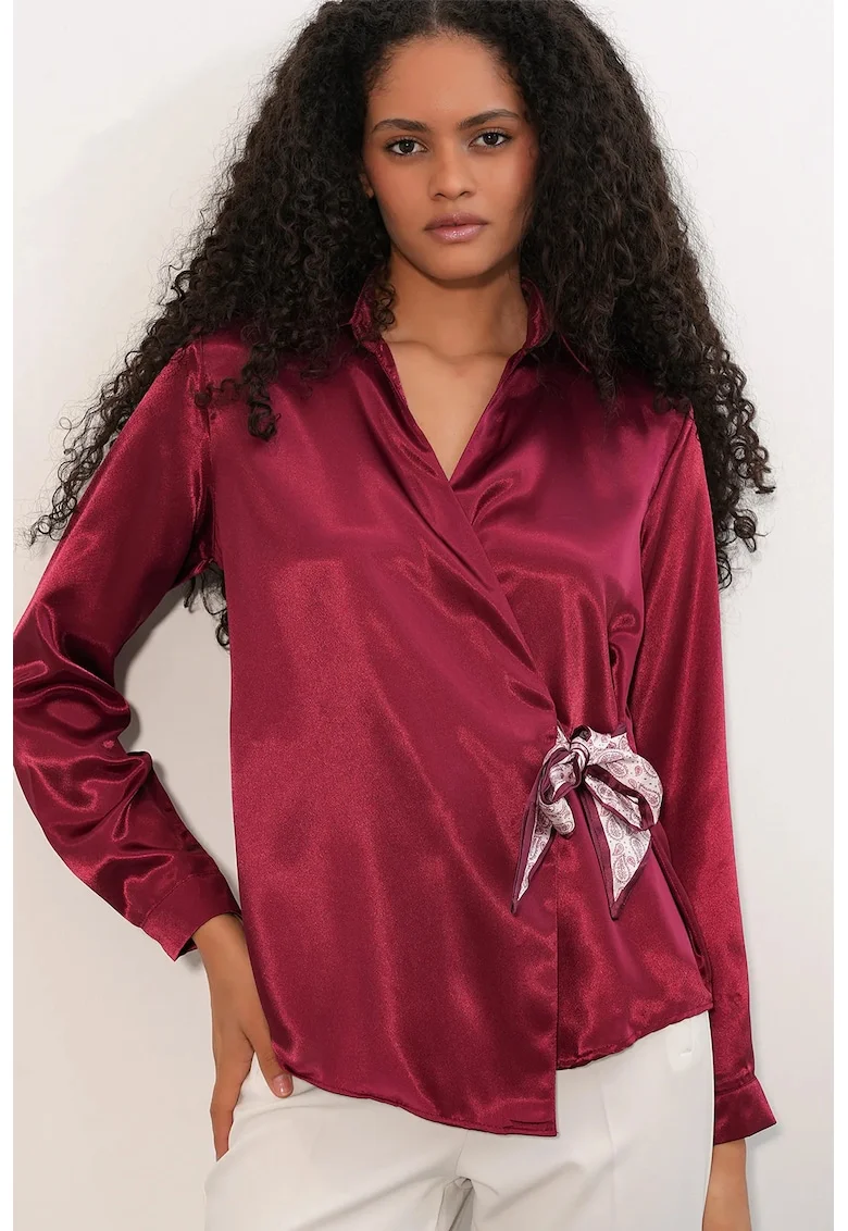 Camasa dama,  camasa regular-fit cu detalii cu snur, rosu burgund, poliester