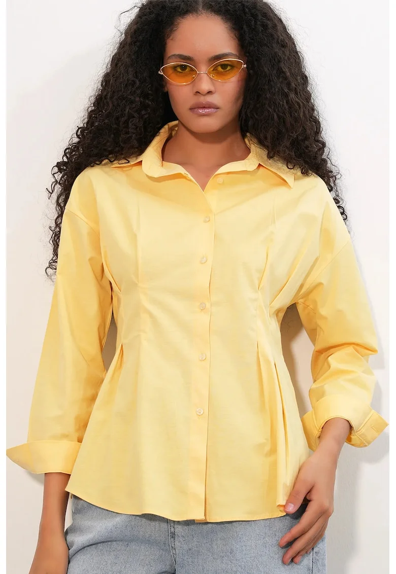 Camasa  din poplin galben lamaie, ajustata, cu maneci lungi, guler clasic, bumbac, poliester, elastan,