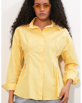 Camasa  din poplin galben lamaie, ajustata, cu maneci lungi, guler clasic, bumbac, poliester, elastan,