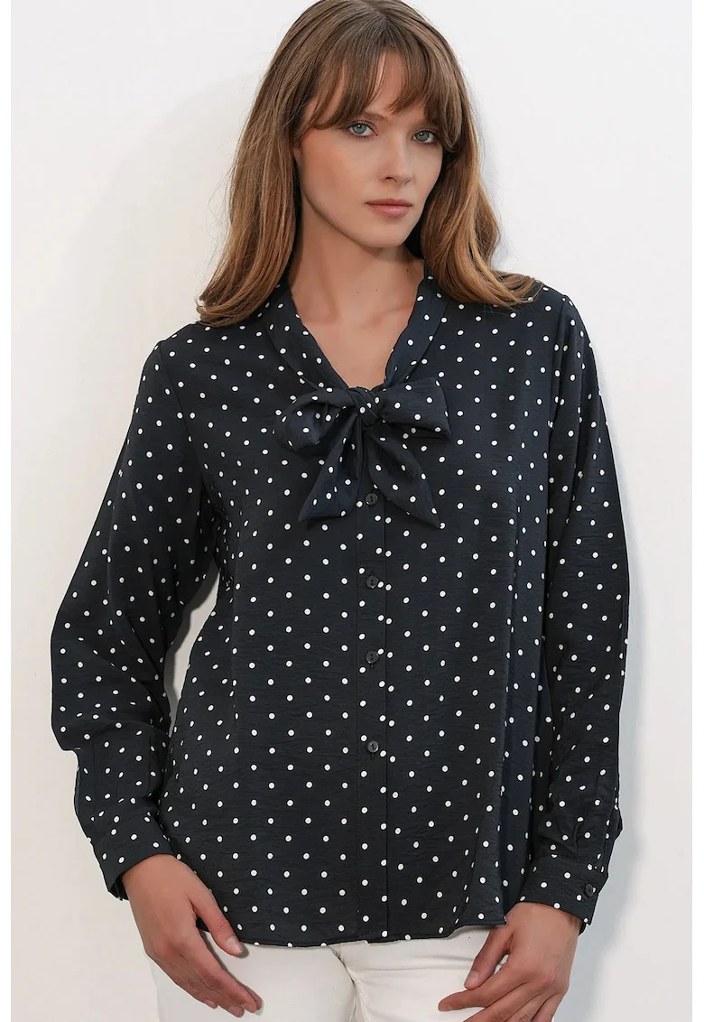 Camasa dama,  regular fit, buline, negru, poplin