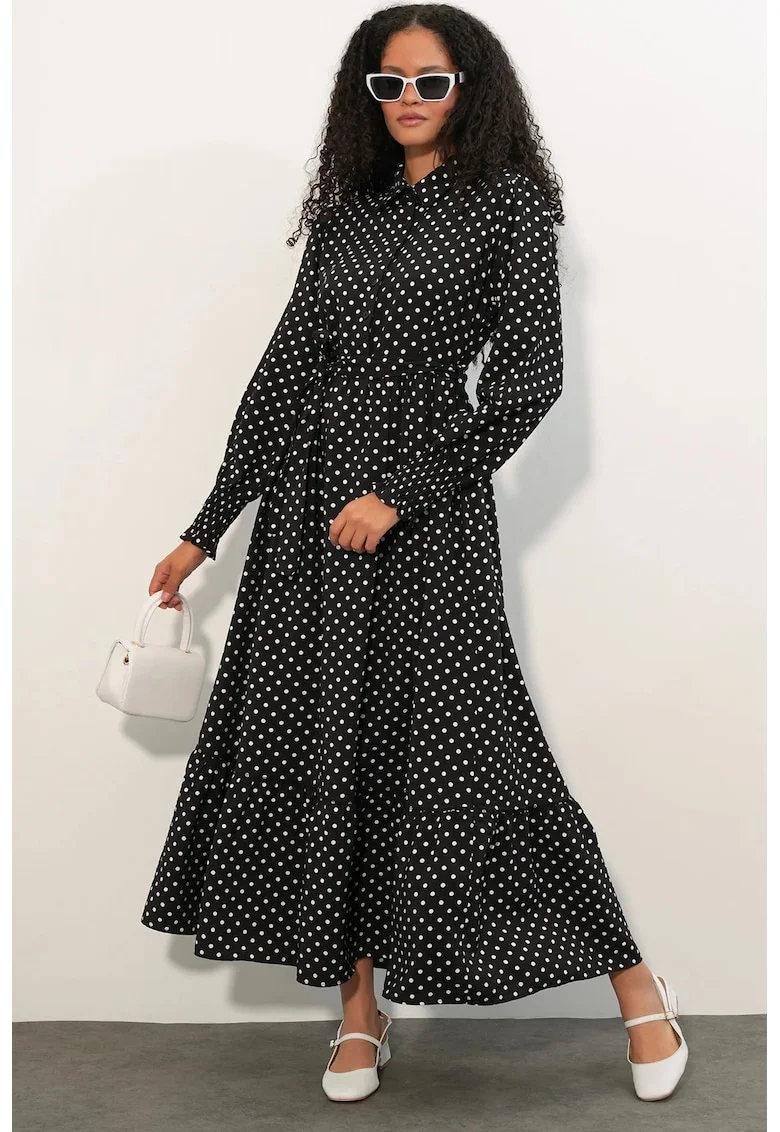 Rochie camasa midi  paisley, negru, cu curea, 80% viscoza, 20% nailon