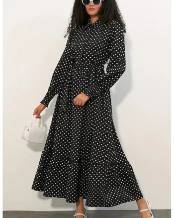 Rochie camasa midi  paisley, negru, cu curea, 80% viscoza, 20% nailon